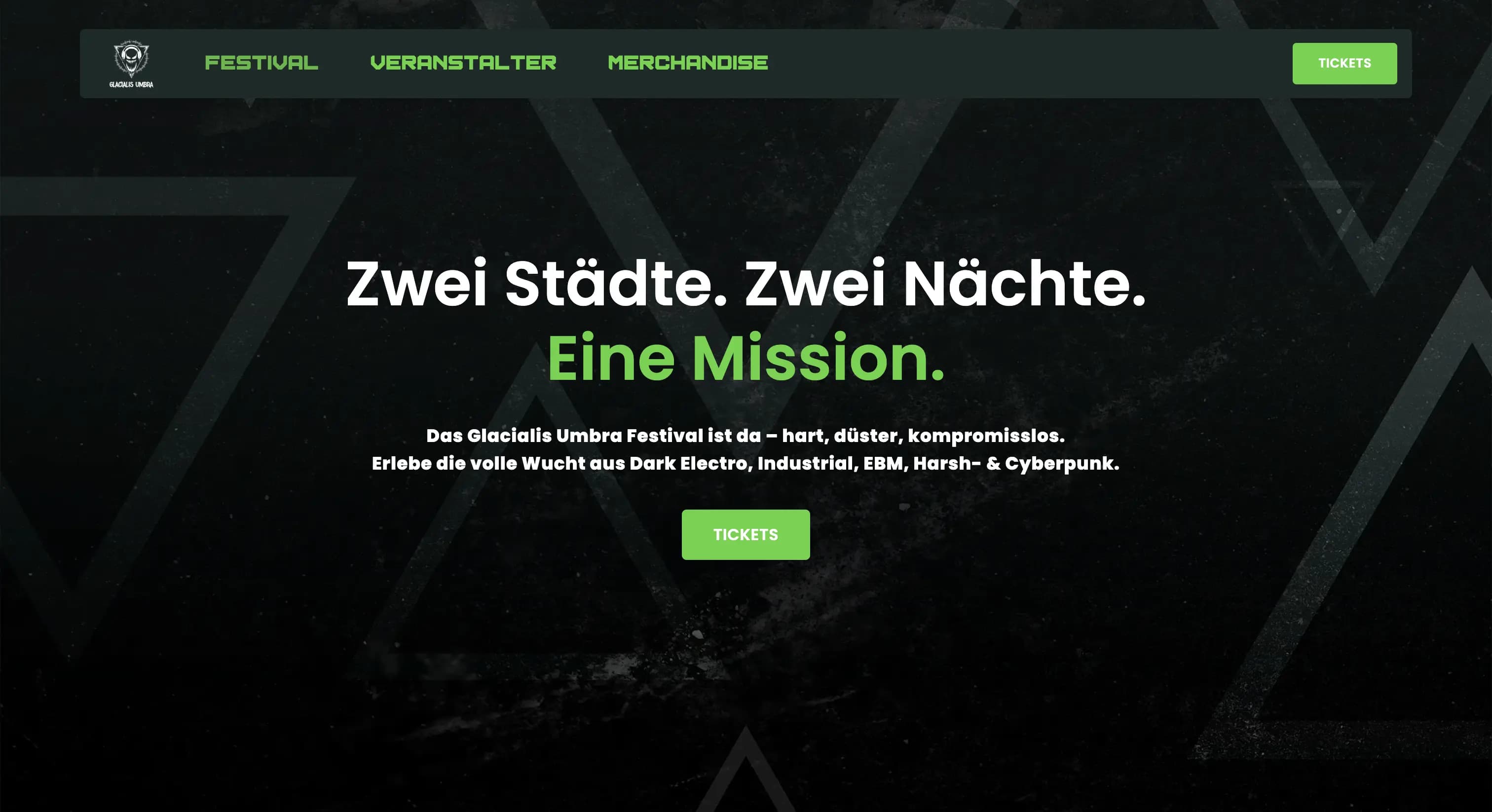Website des Glacialis Umbra Festivals mit Veranstaltungsinformationen und visueller Markenwelt