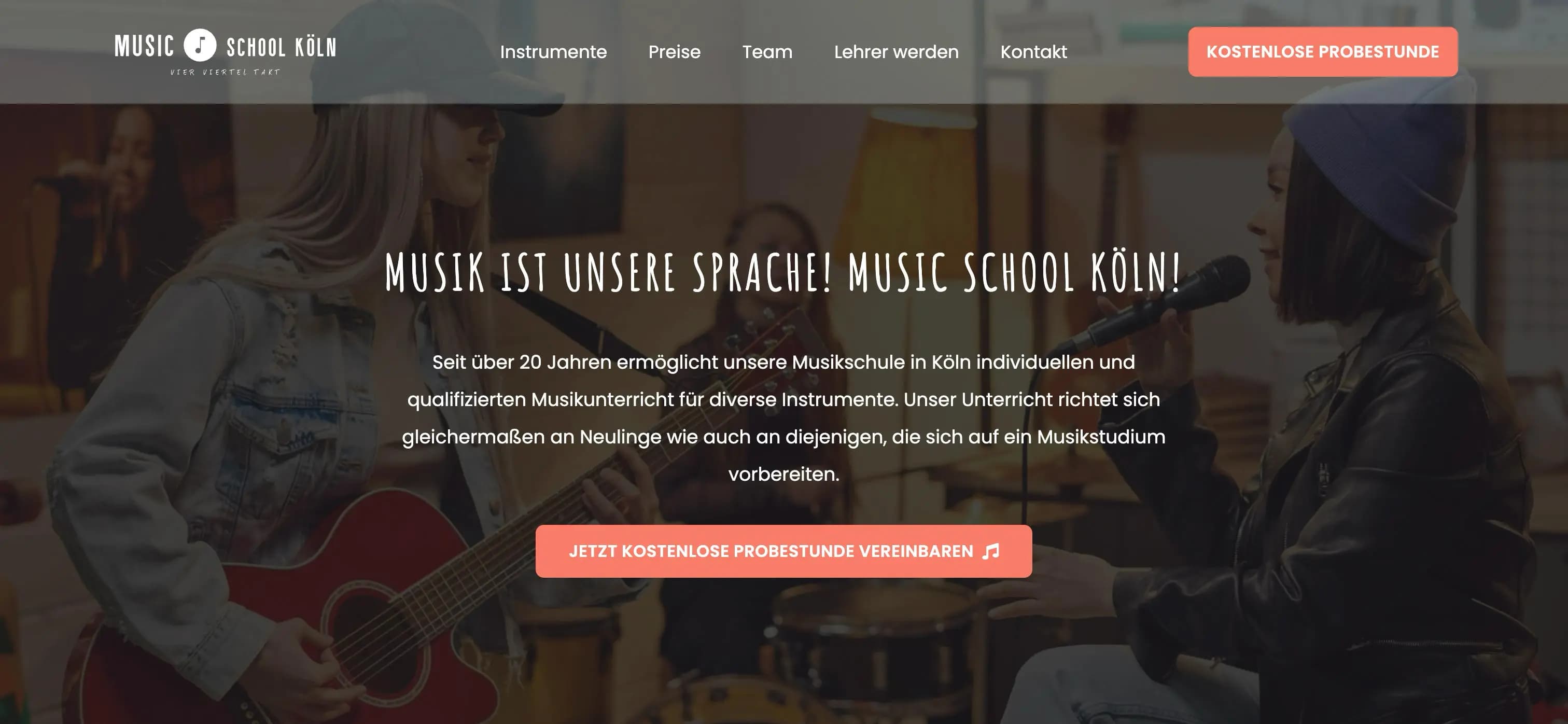 Website der Music School Köln mit Informationen zu Musikunterricht und Kursangeboten