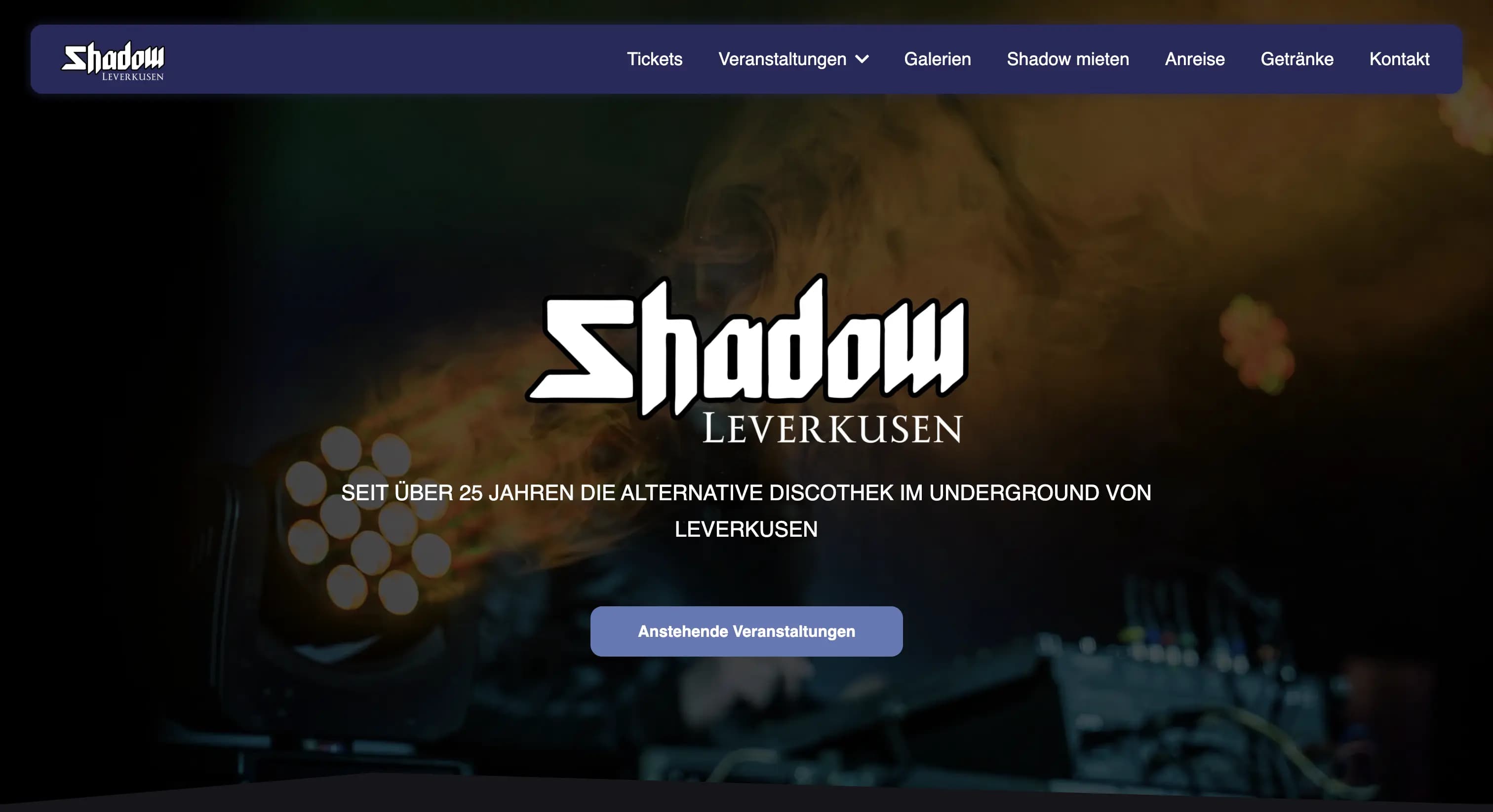 Website von Shadow Leverkusen mit Übersicht über Veranstaltungen und Clubinformationen
